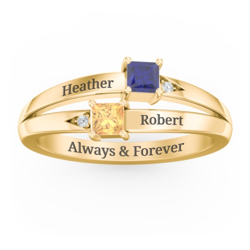 Two Stone Split Band Ring with Accents – 10K Yellow Gold with Blue Sapphire, Citrine, and Cubic Zirconia