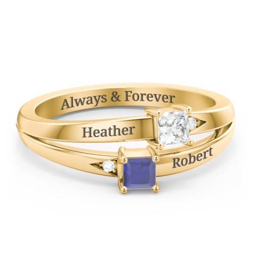 Two Stone Split Band Ring with Accents – 10K Yellow Gold with Cubic Zirconia and Blue Sapphire