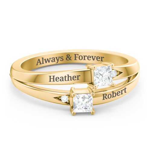 Two Stone Split Band Ring with Accents – 10K Yellow Gold with Diamond and Cubic Zirconia