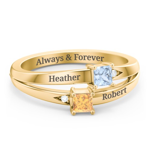 Two Stone Split Band Ring with Accents – 10K Yellow Gold with Aquamarine, Citrine, and Cubic Zirconia