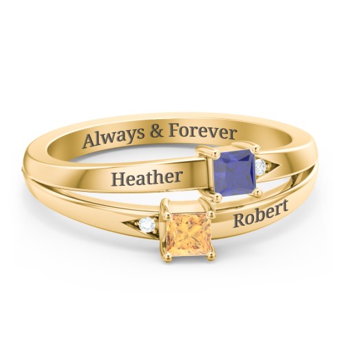 Two Stone Split Band Ring with Accents – 10K Yellow Gold with Blue Sapphire, Citrine, and Cubic Zirconia