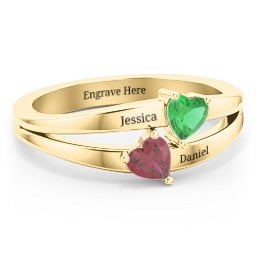 Twin Hearts Ring in 10K Solid Yellow Gold with Emerald and Ruby