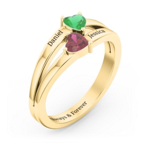 Twin Hearts Ring – 10K Yellow Gold with Emerald and Ruby