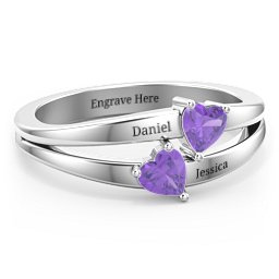 Twin Hearts Ring in 925 Sterling Silver with Amethyst