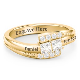 Engravable Bypass Ring with Princess Cut Gemstones and Accents in 10K Solid Yellow Gold with Cubic Zirconia and White Premium Zirconia