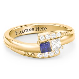 Engravable Bypass Ring with Princess Cut Gemstones and Accents in 14K Solid Yellow Gold with Blue Sapphire and Cubic Zirconia