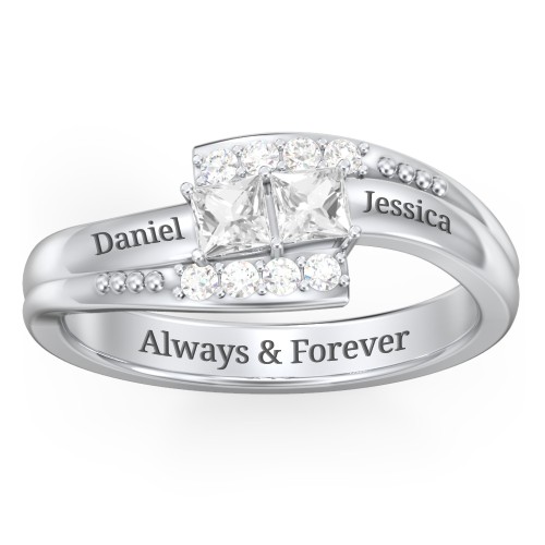 Engravable Bypass Ring with Princess Cut Gemstones and Accents