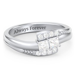 Engravable Bypass Ring with Princess Cut Gemstones and Accents in 925 Sterling Silver with Diamond
