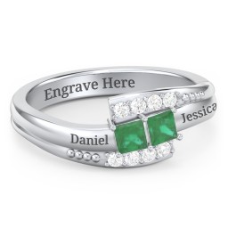 Engravable Bypass Ring with Princess Cut Gemstones and Accents in 925 Sterling Silver with Emerald and White Premium Zirconia