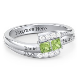 Engravable Bypass Ring with Princess Cut Gemstones and Accents in 925 Sterling Silver with Peridot and White Premium Zirconia