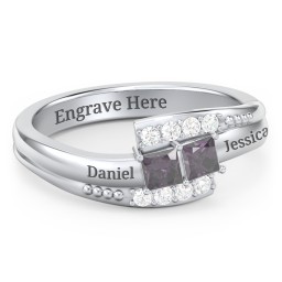 Engravable Bypass Ring with Princess Cut Gemstones and Accents in 925 Sterling Silver with Alexandrite and White Premium Zirconia