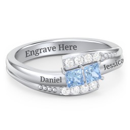 Engravable Bypass Ring with Princess Cut Gemstones and Accents in 925 Sterling Silver with Blue Topaz and White Premium Zirconia