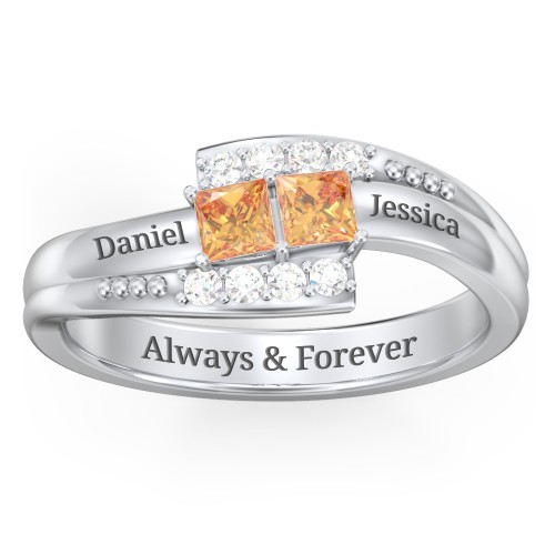 Engravable Bypass Ring with Princess Cut Gemstones and Accents – Sterling Silver with Citrine and White Premium Zirconia