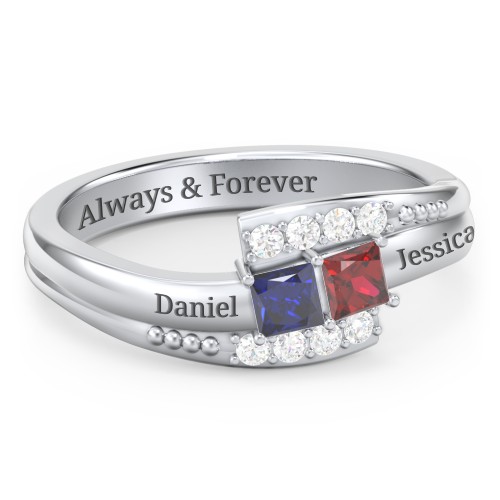 Engravable Bypass Ring with Princess Cut Gemstones and Accents – Sterling Silver with Blue Sapphire, Garnet, and White Premium Zirconia