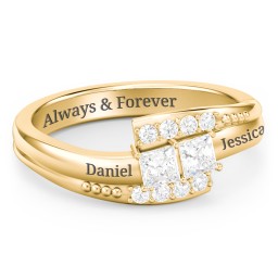 Engravable Bypass Ring with Princess Cut Gemstones and Accents in 10K Solid Yellow Gold with Diamond