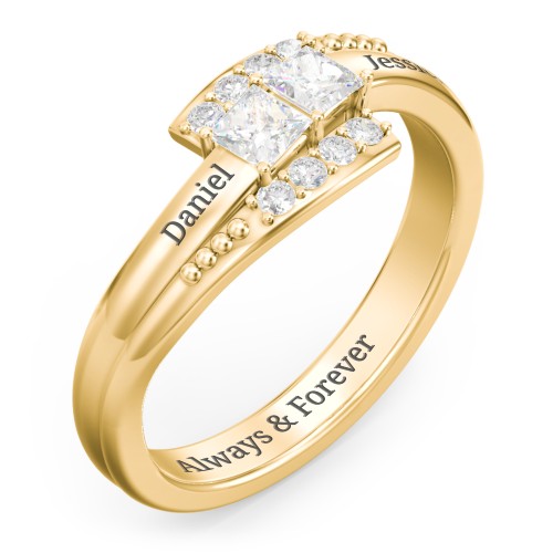 Engravable Bypass Ring with Princess Cut Gemstones and Accents – 10K Yellow Gold with Diamond and White Premium Zirconia
