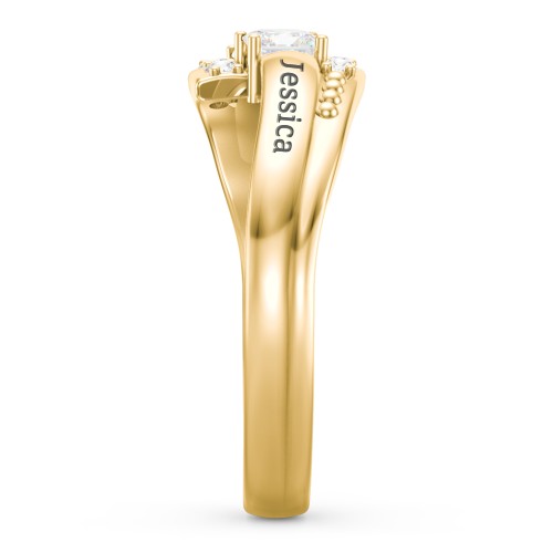 Engravable Bypass Ring with Princess Cut Gemstones and Accents – 10K Yellow Gold with Diamond and White Premium Zirconia