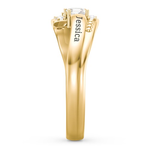 Engravable Bypass Ring with Princess Cut Gemstones and Accents – 10K Yellow Gold with Blue Sapphire, Cubic Zirconia, and White Premium Zirconia