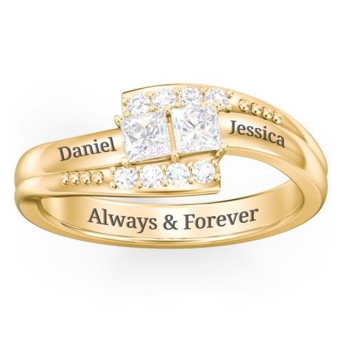 Engravable Bypass Ring with Princess Cut Gemstones and Accents – 10K Yellow Gold with Diamond and White Premium Zirconia