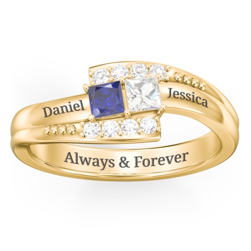 Engravable Bypass Ring with Princess Cut Gemstones and Accents – 10K Yellow Gold with Blue Sapphire, Cubic Zirconia, and White Premium Zirconia