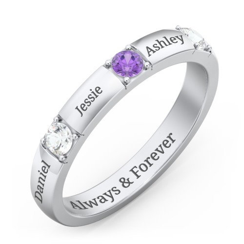 Elegant Three Gemstone Ring – Sterling Silver with Cubic Zirconia and Amethyst