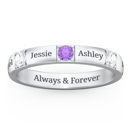Elegant Three Gemstone Ring – Sterling Silver with Cubic Zirconia and Amethyst