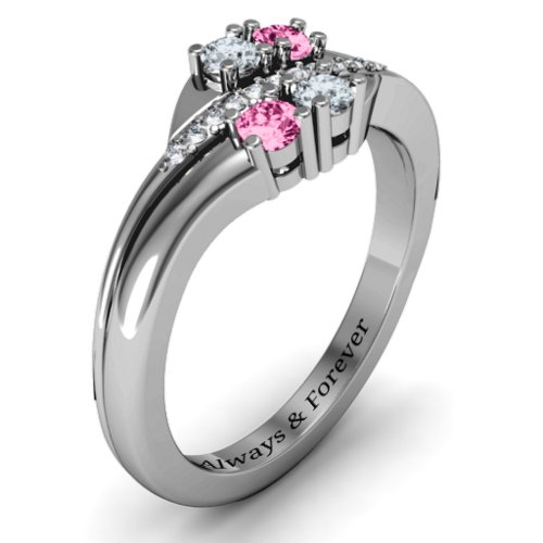 Four Stone Ring with Accents – Sterling Silver with Cubic Zirconia and Pink Tourmaline