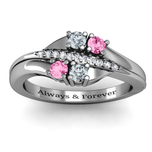 Four Stone Ring with Accents – Sterling Silver with Cubic Zirconia and Pink Tourmaline