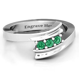 Three Stone Ridged Bypass Ring in 925 Sterling Silver with Emerald