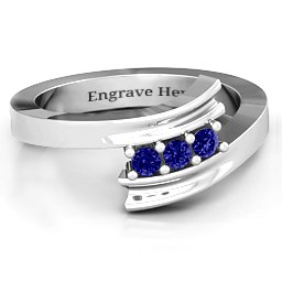 Three Stone Ridged Bypass Ring in 925 Sterling Silver with Blue Sapphire
