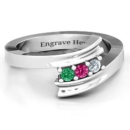 Three Stone Ridged Bypass Ring in 925 Sterling Silver with Emerald, Ruby, and Cubic Zirconia
