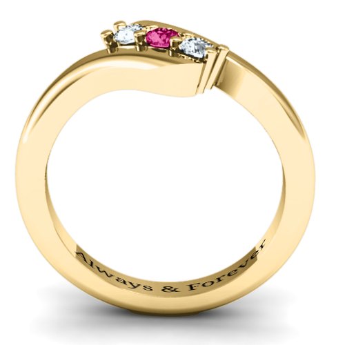 Three Stone Classic Bypass Ring – 10K Yellow Gold with Cubic Zirconia and Ruby