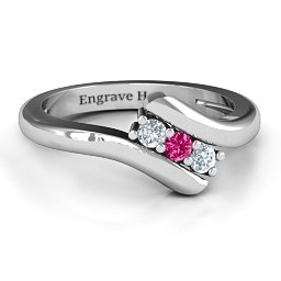 Three Stone Classic Bypass Ring in 10K Solid White Gold with Cubic Zirconia and Ruby
