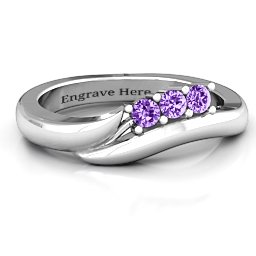 Three Stone Single Bypass Ring in 925 Sterling Silver with Amethyst