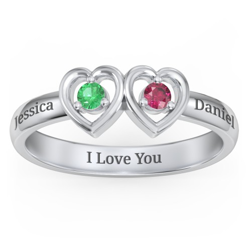Kissing Hearts Ring – Sterling Silver with Emerald and Ruby