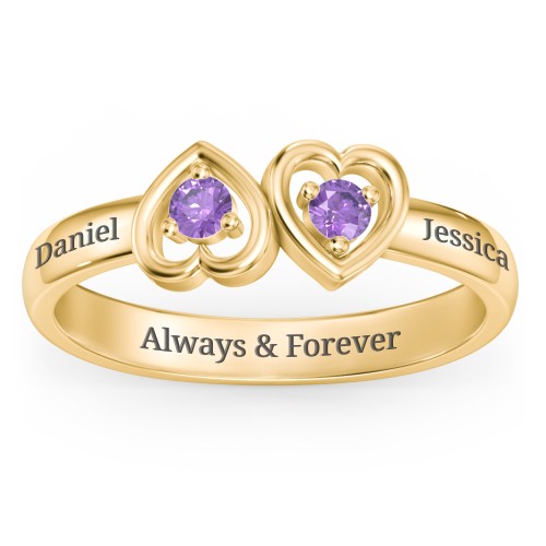 Inverted Kissing Hearts Ring – 18K Gold Plated Silver with Amethyst