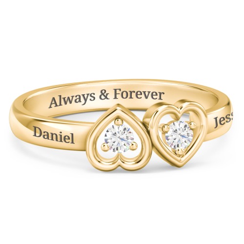 Inverted Kissing Hearts Ring – 10K Yellow Gold with Cubic Zirconia
