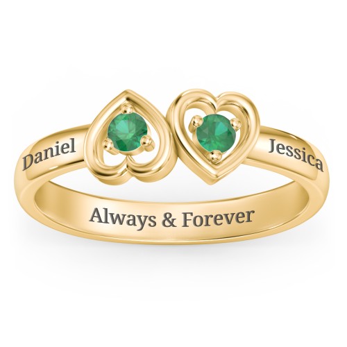 Inverted Kissing Hearts Ring – 18K Gold Plated Silver with Emerald