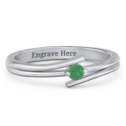 Double Line Bypass Ring in 925 Sterling Silver with Emerald and Cubic Zirconia
