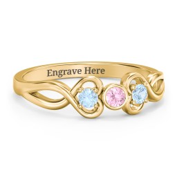 Twin Hearts with Centre Bezel Ring in 14K Solid Yellow Gold with Pink Tourmaline and Blue Topaz