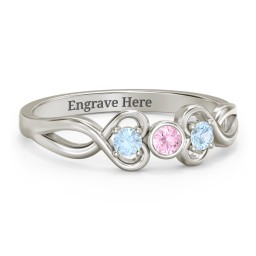 Twin Hearts with Centre Bezel Ring in 10K Solid White Gold with Pink Tourmaline and Blue Topaz