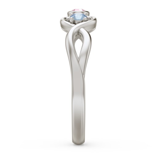 Twin Hearts with Centre Bezel Ring – 10K White Gold with Pink Tourmaline and Blue Topaz