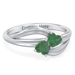A "Couple" of Hearts Ring in 925 Sterling Silver with Emerald