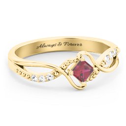 Solitaire Princess Cut Ring with Twisted Split Shank and Accents in 18K Gold Plated Silver with Ruby