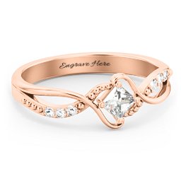 Solitaire Princess Cut Ring with Twisted Split Shank and Accents