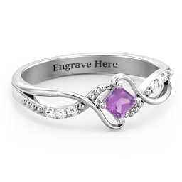 Solitaire Princess Cut Ring with Twisted Split Shank and Accents in 925 Sterling Silver with Amethyst and Diamond