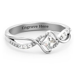 Solitaire Princess Cut Ring with Twisted Split Shank and Accents in 925 Sterling Silver with Cubic Zirconia