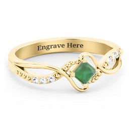 Solitaire Princess Cut Ring with Twisted Split Shank and Accents in 18K Gold Plated Silver with Emerald