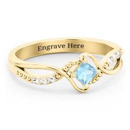 Solitaire Princess Cut Ring with Twisted Split Shank and Accents in 18K Gold Plated Silver with Blue Topaz