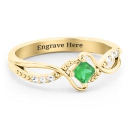 Solitaire Princess Cut Ring with Twisted Split Shank and Accents in 10K Solid Yellow Gold with Emerald
